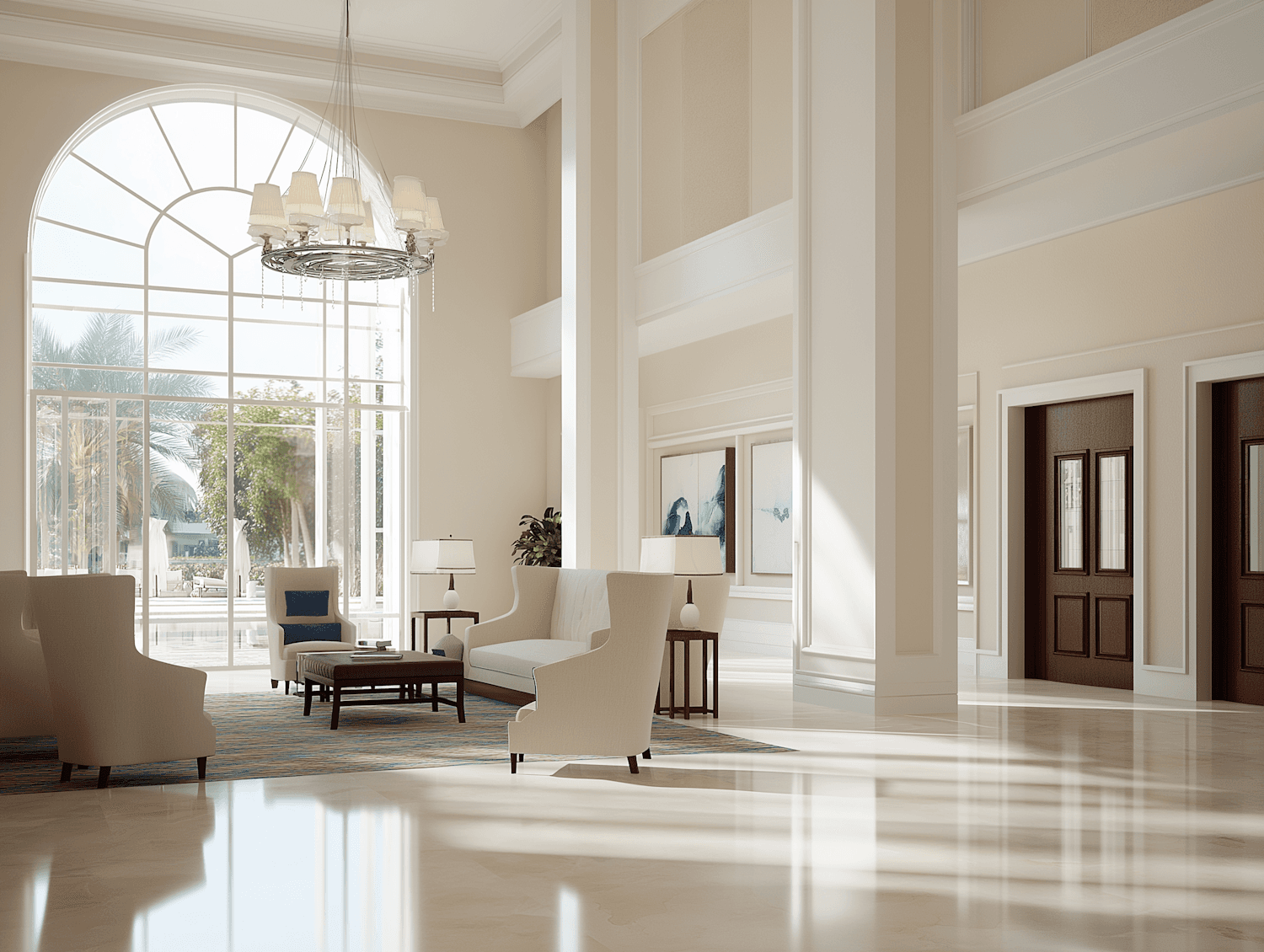 Hotel lobby with arched windows, marble floors and soft seating, captured for a 360 tour