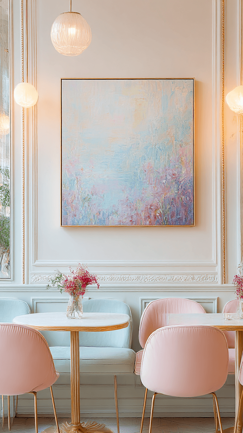 Cafe interior with pastel chairs, gold accents and a large abstract painting