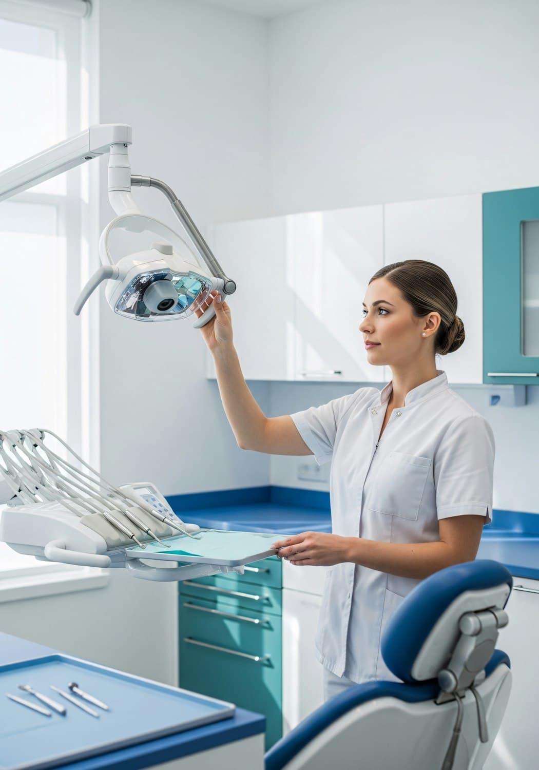 Modern dental treatment room in teal and white with a blue upholstered chair