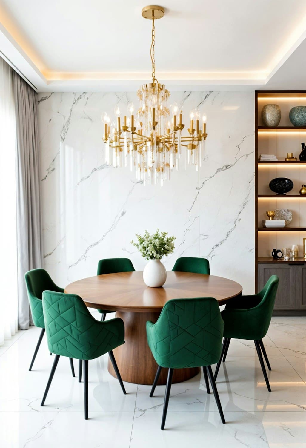 Dining room with green velvet chairs, a round wooden table and a gold chandelier