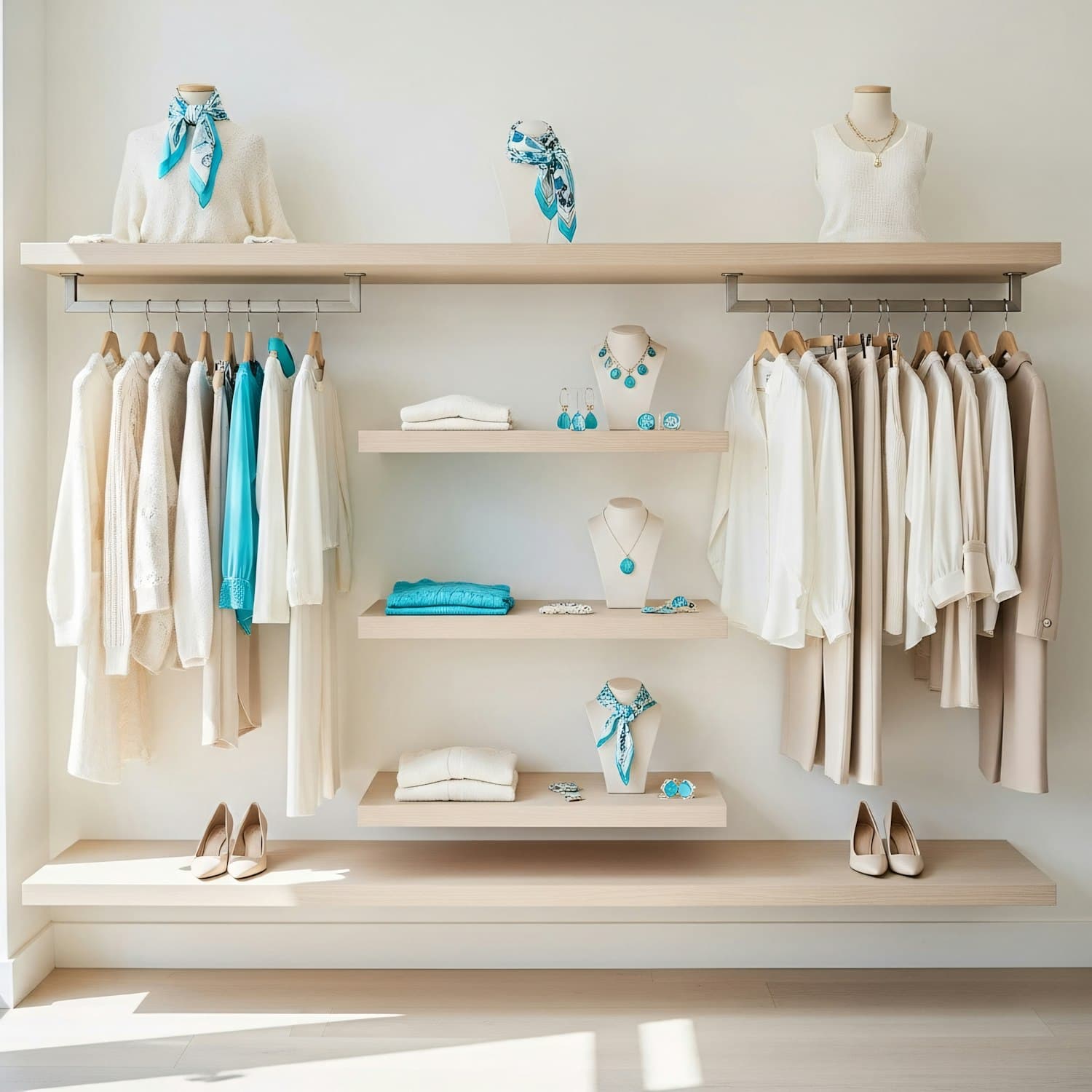 Boutique display of neutral garments and accessories arranged on shelves